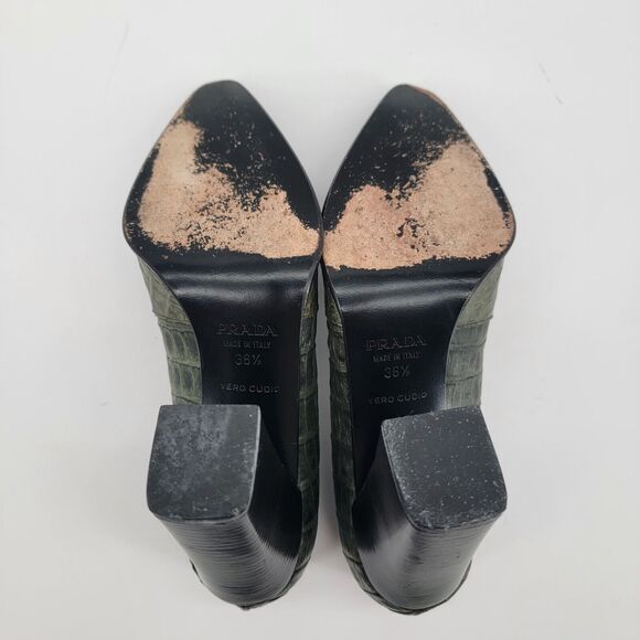 Prada Size 6.5 Green Block Heel Croc Embossed Print Pointed Toe Slip On 36.5 - Picture 7 of 9